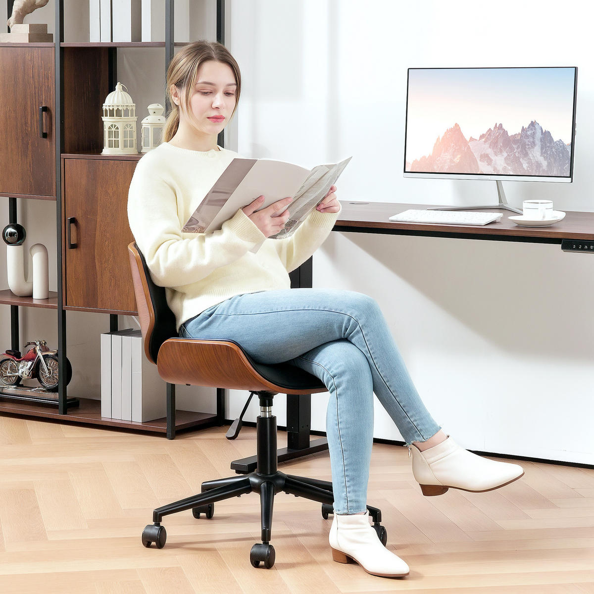 HOMEOFFICE Stuhl aus Kunstleder höhenverstellbar Drehstuhl bis 135 kg belastbar 52 x 54 x 74-84 cm Schwarz+Walnussbraun - Schwarz, Leder (52/84/54cm)