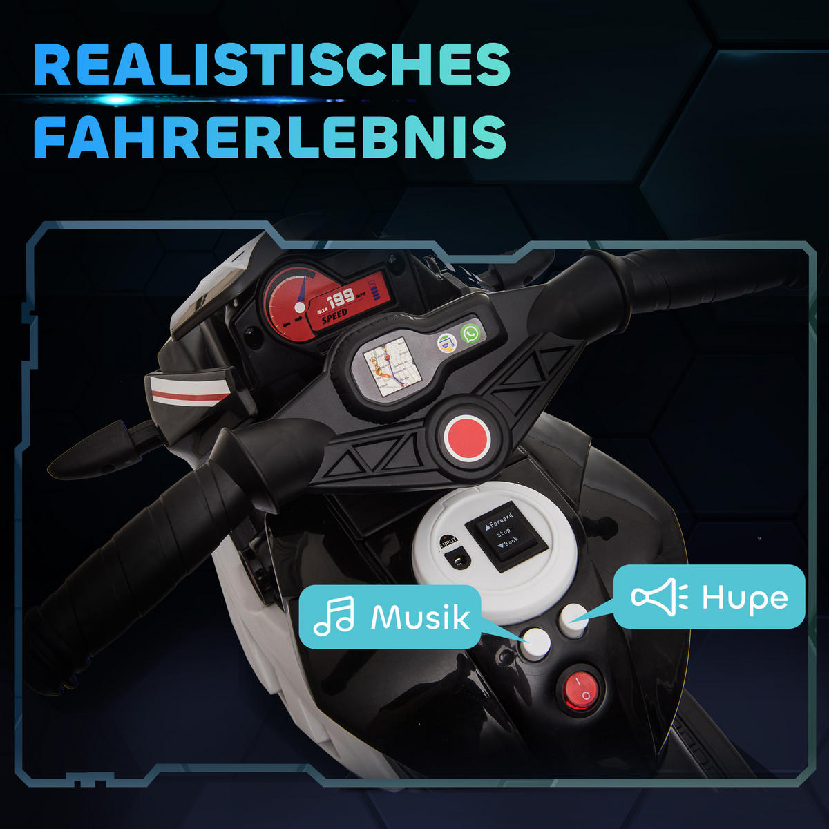 KINDER-ELEKTROMOTORRAD Kinderfahrzeug mit Lichtern und Geräuschen bis 3km/h - Schwarz, Metall (86/42/52cm) - HOMCOM