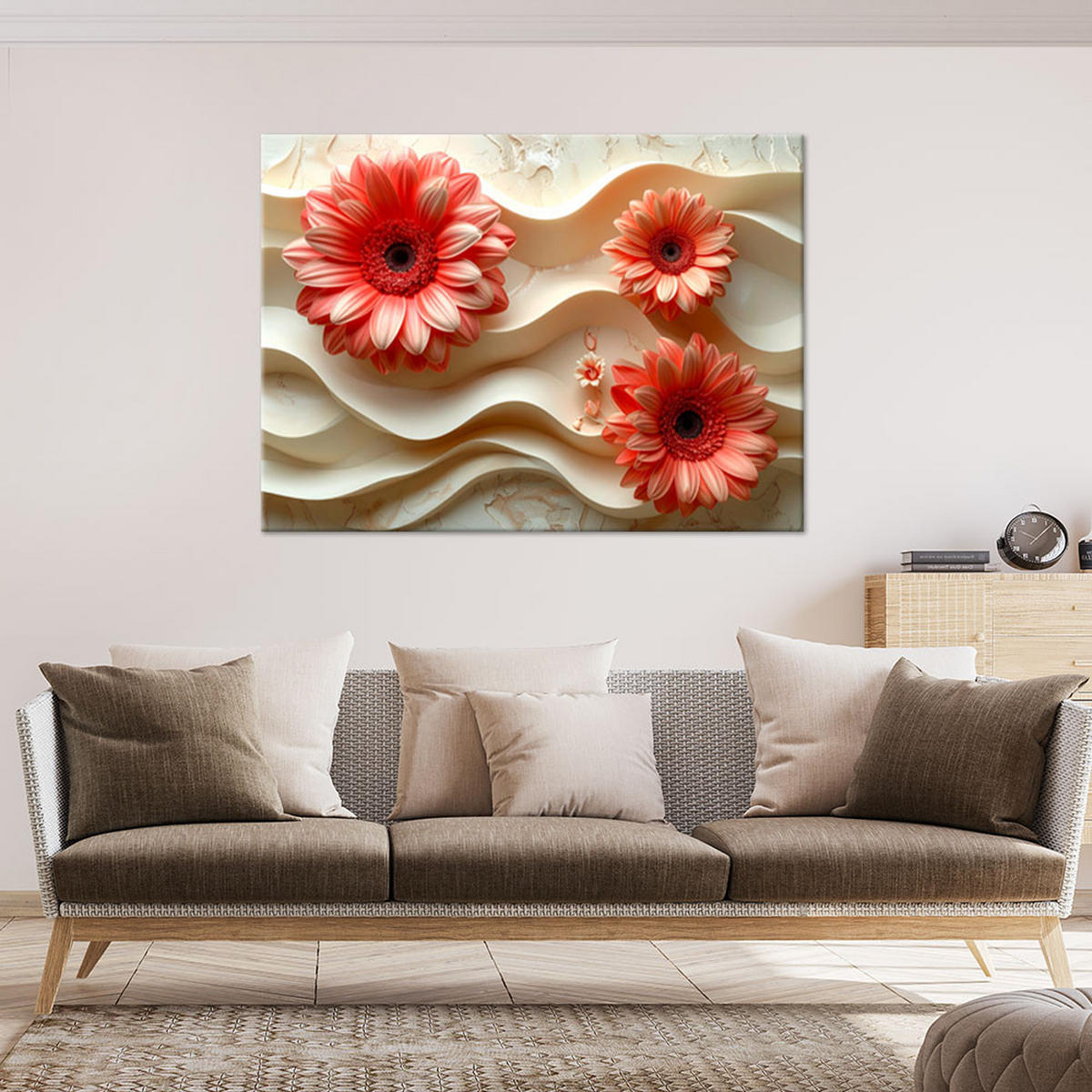 LEINWANDBILDER, Rote Gerbera auf cremefarbenem gewelltem Hintergrund - Rot, Textil (45/30cm) - Feeby