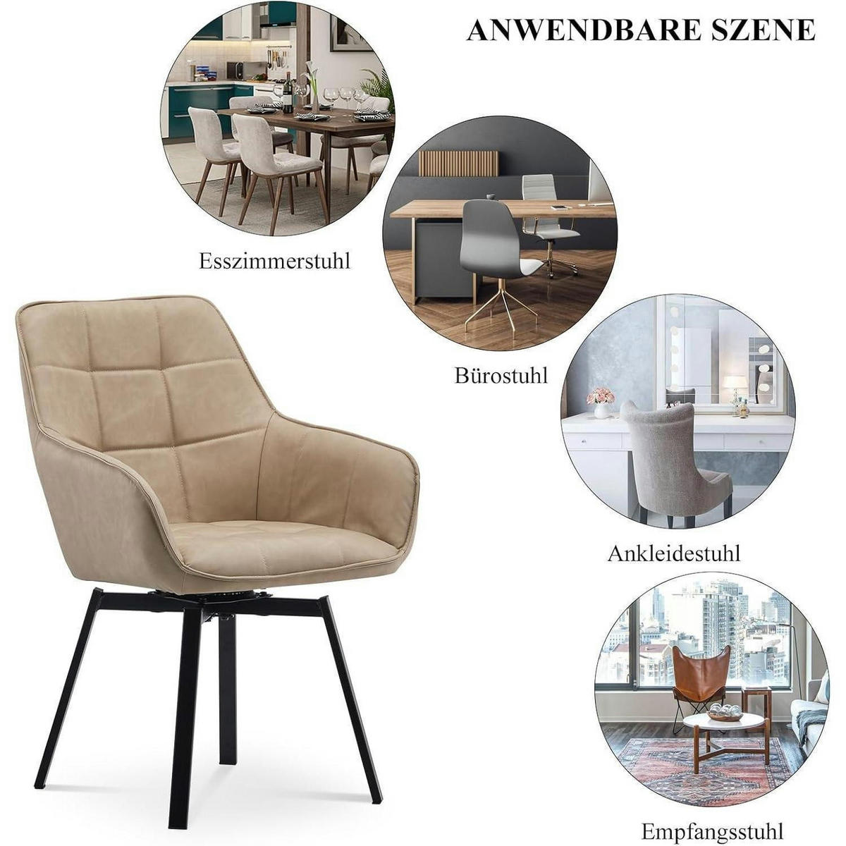 ESSZIMMERSTUHL 2er Set drehbar mit Armlehne, Kunstleder beige - Beige, Kunststoff (55/83/61cm)