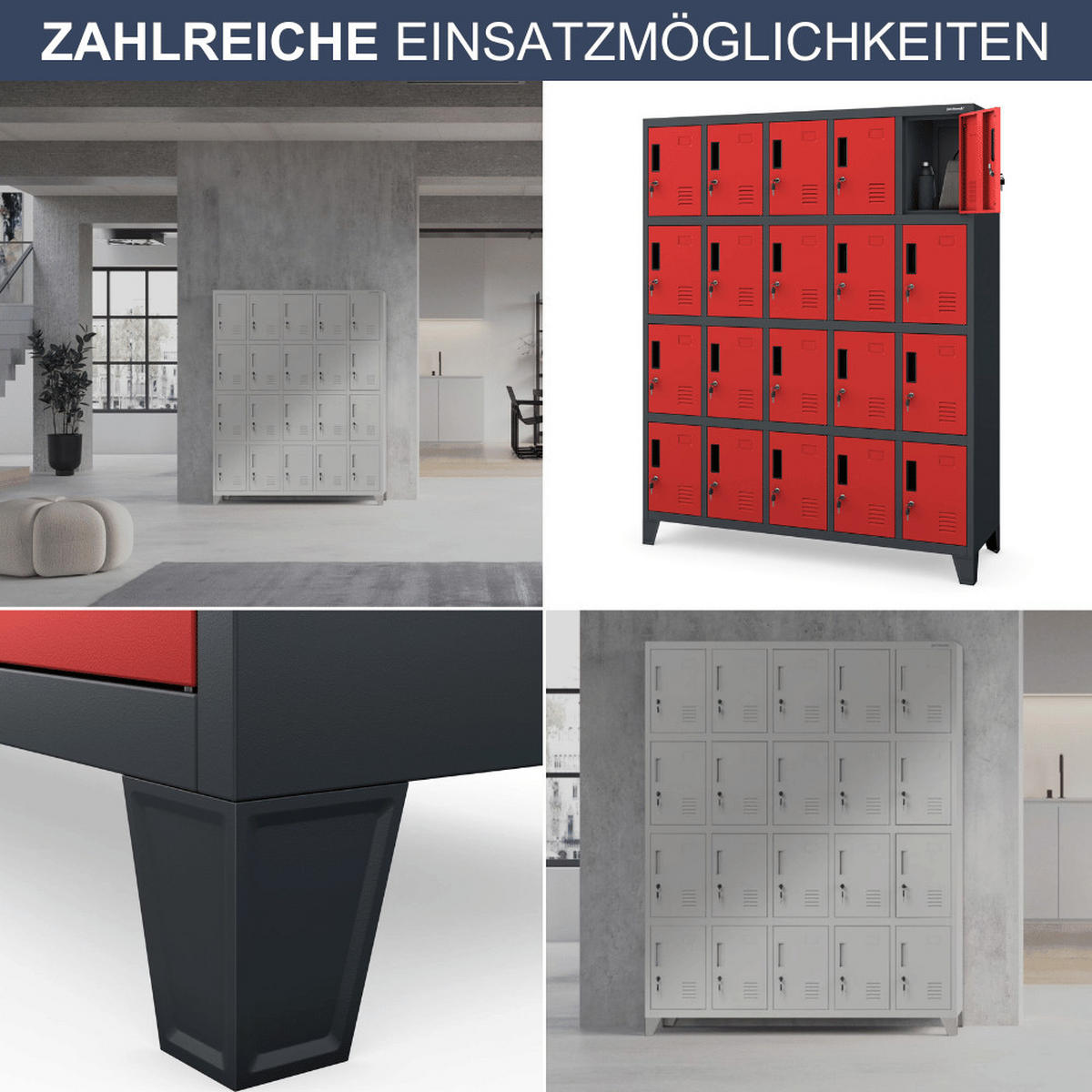 SCHLIESSFACHSCHRANK Spind TAMPA 20 Fächer172x136x45cm Anthrazit-Rot - Anthrazit, Metall (136/172/45cm) - DELUKE