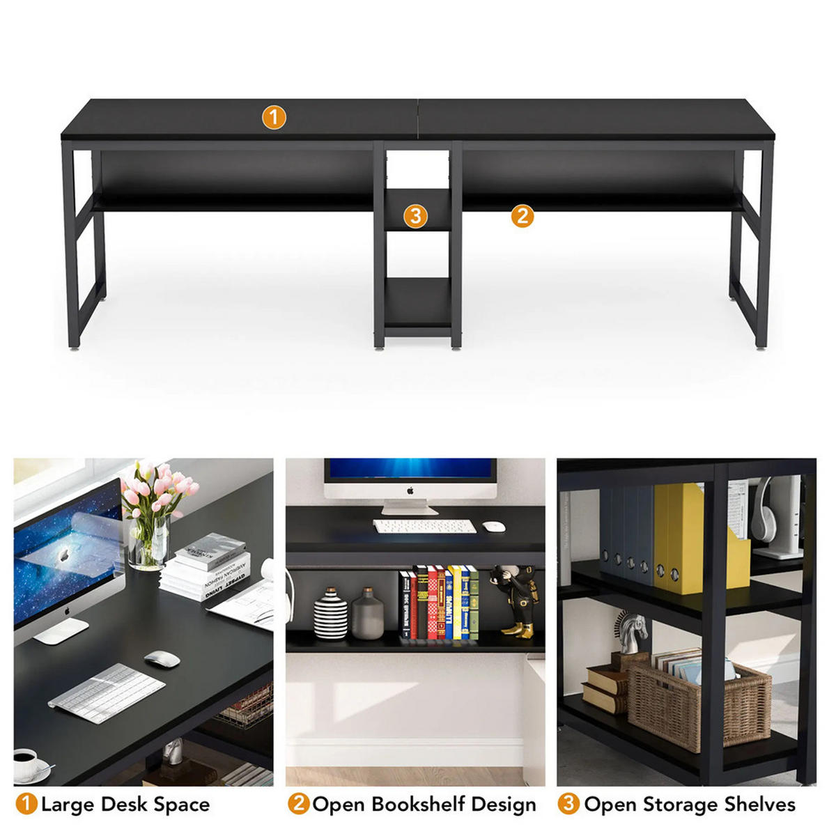 SCHREIBTISCH 200/60/75 cm Doppel Computertisch 2 Personen - Schwarz, Metall (200/60/75cm) - Kaket