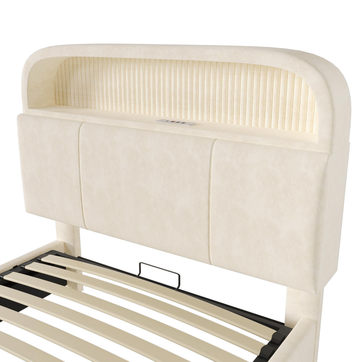 STAURAUMBETT 90/200 cm DE-00718, in Beige, LED und hydraulischem Bettgestell - Beige, Metall (90/200cm) - ComfortXL