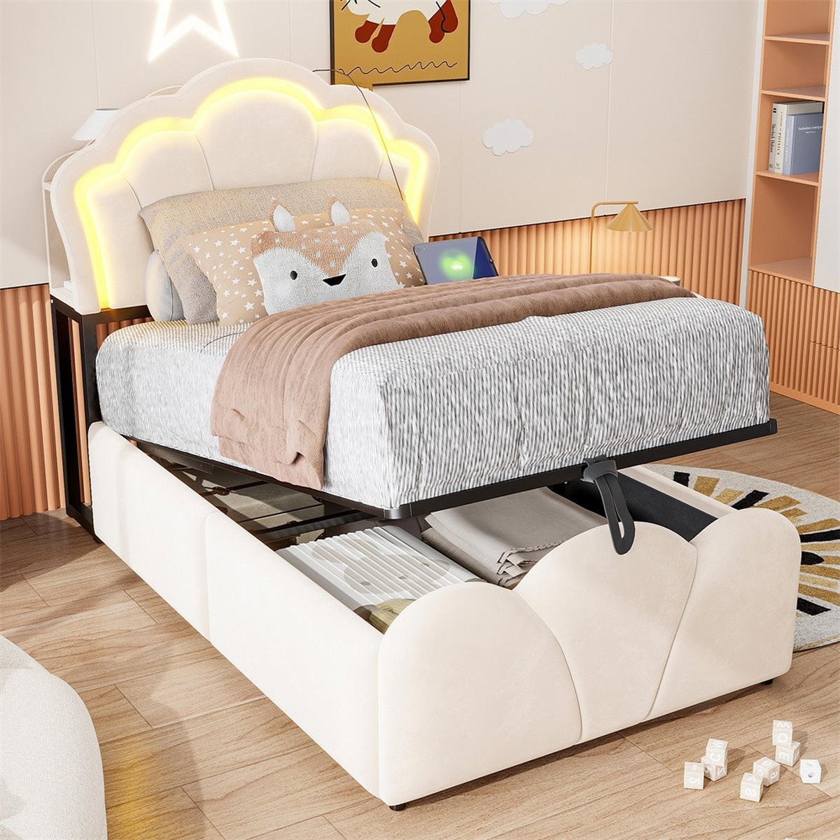 POLSTERBETT 90x200 cm mit hydraulischem Stauraum - LED Beleuchtung & Ladeanschluss - Beige - ohne Matratze - Beige, Textil (90/200cm) - DELFA