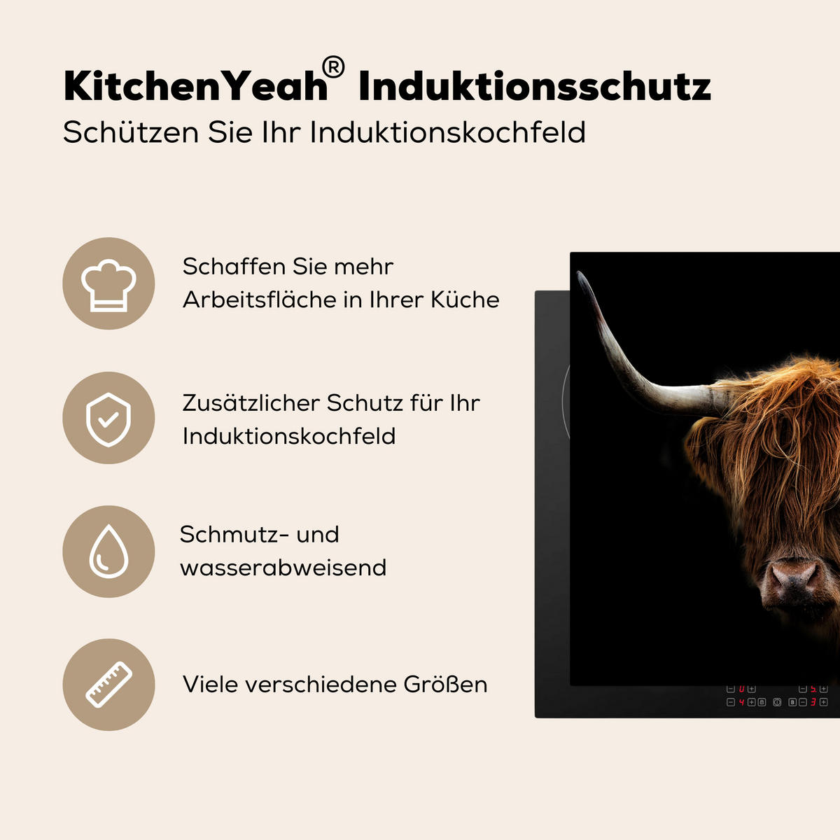 HERDABDECKPLATTE Schottischer Highlander - Hörner - Schwarz - Tiere - Natur - Wild - Kuh 60x52 cm - Cognac, Kunststoff (60/0.2/52cm) - MuchoWow