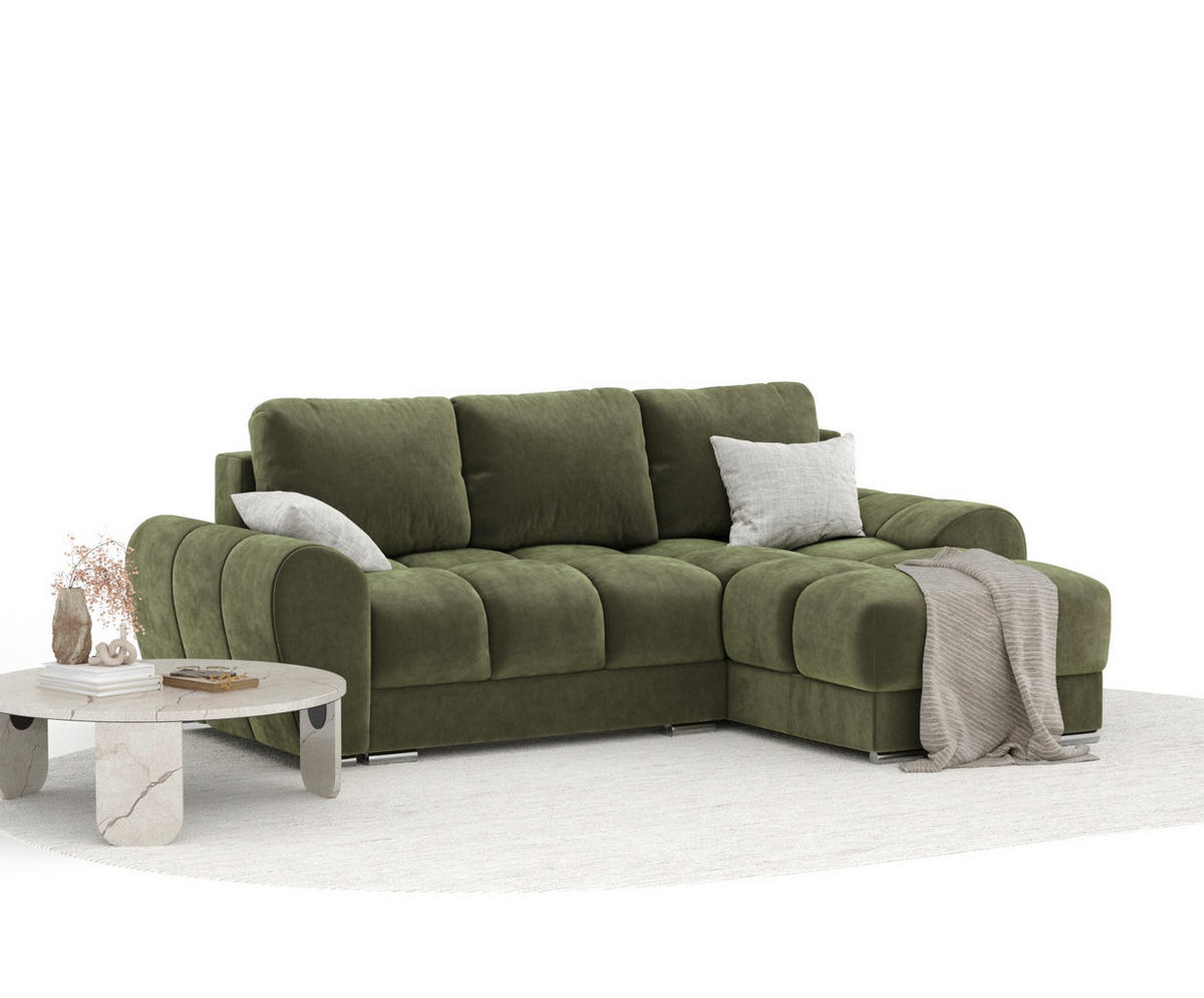 ECKSOFA MIT SCHLAFFUNKTION Peebles Olivenfarbe Samtstoff - Chromfarben/Olivgrün, Holz/Holzwerkstoff (256/175cm) - Maison de Reve