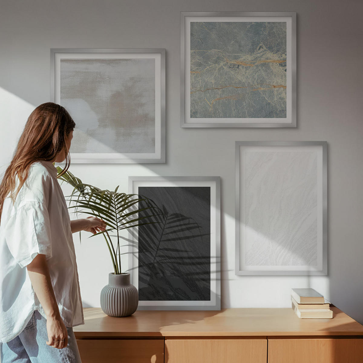 WANDBILDER 4er Set - 50x50 cm & 40x60 cm Silberner Rahmen - Steintexturen - Silberfarben, Kunststoff (50/50cm) - ArtPrintCave