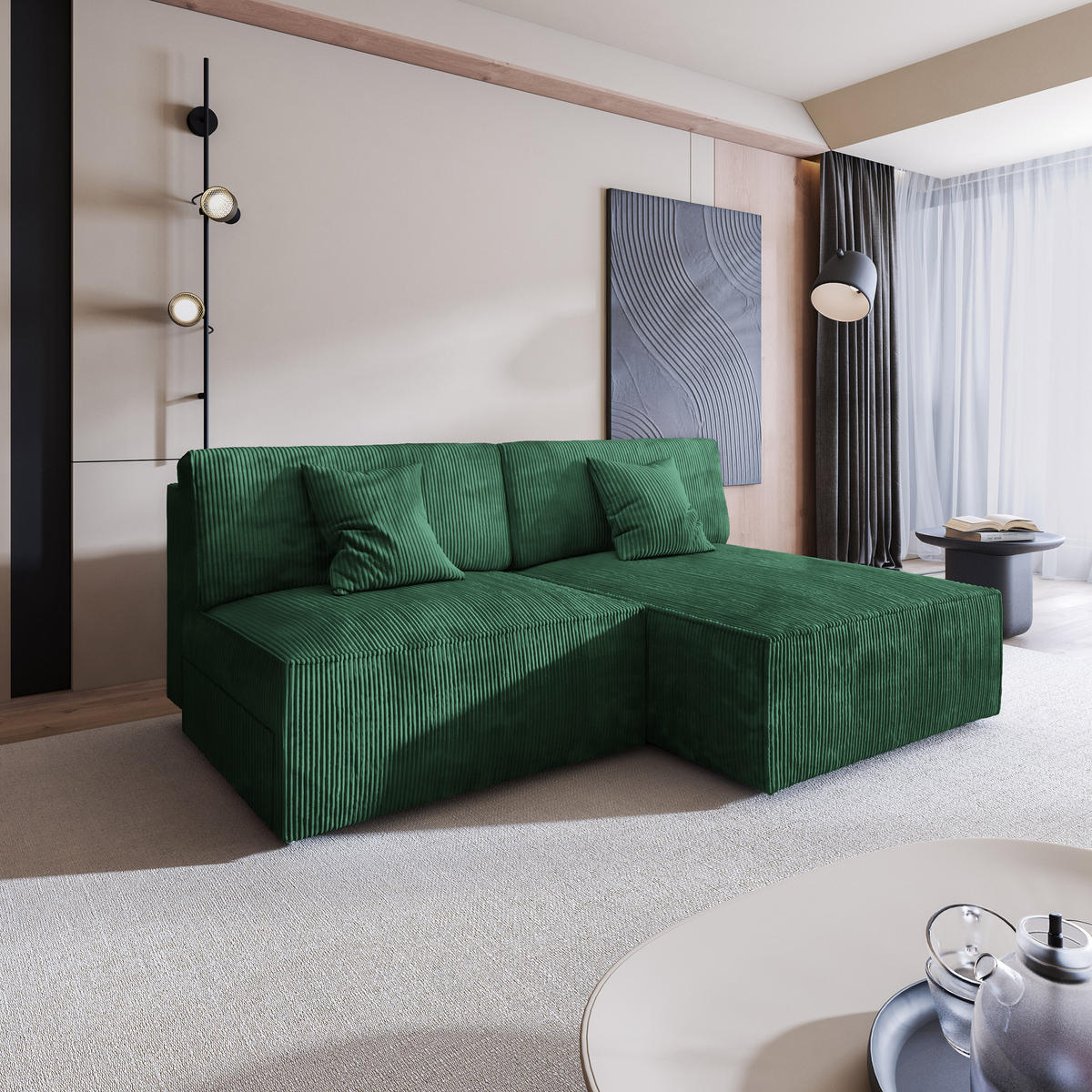 ECKSOFA FIORO P Grün Kordstoff mit Schlaffunktion - Grau/Grün, Holz/Kunststoff (204/148cm) - MASSENO