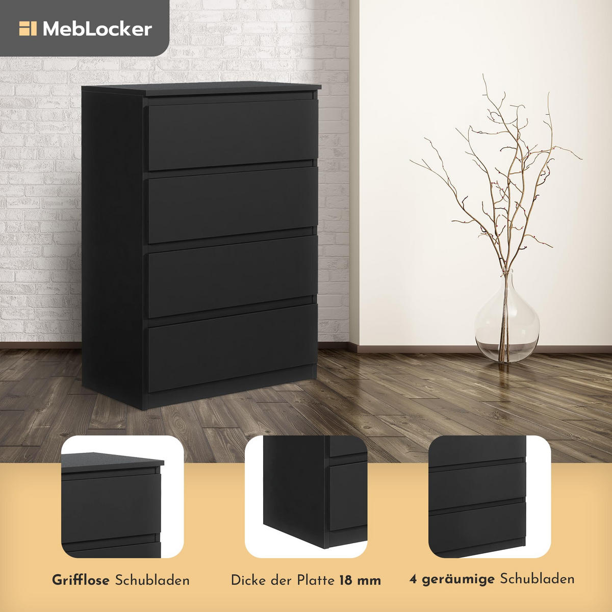 KOMMODE mit 4 Schubladen Schwarz - Schwarz, Holzwerkstoff (102/70/39cm) - MebLocker