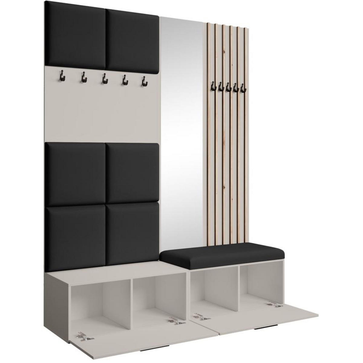 GARDEROBE Margaret I+II 162/203/43 mit gepolsterten Paneelen/Lamellen/Spiegel - Kaschmir/Schwarz, Holzwerkstoff/Kunststoff (162/203/43cm) - Beautysofa