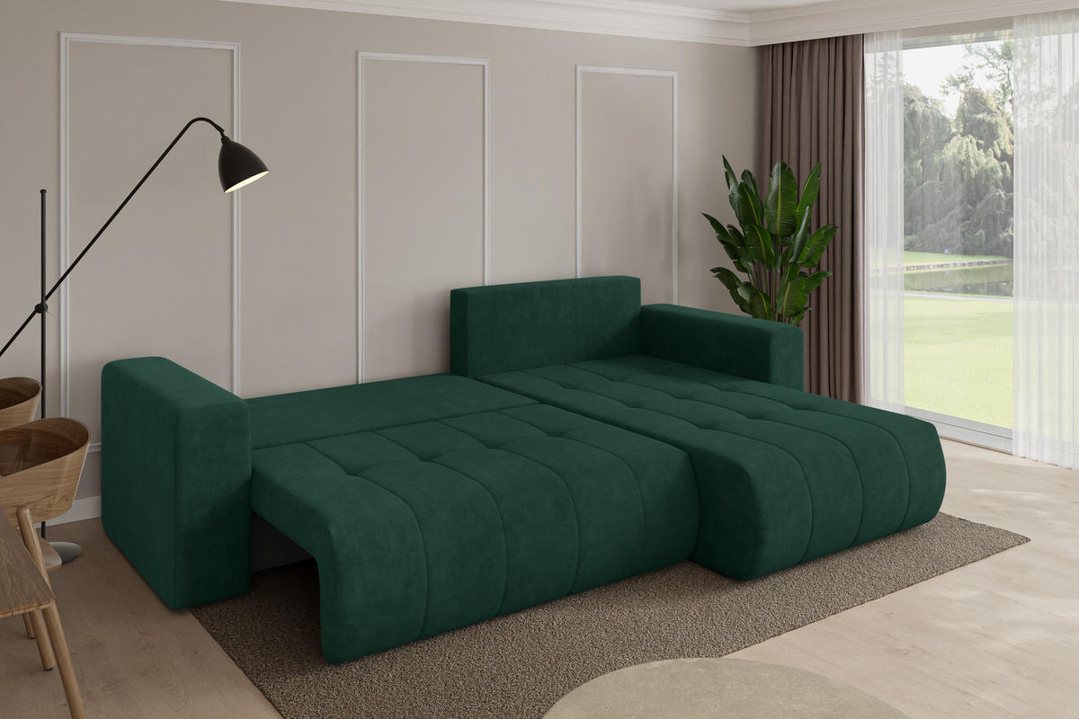 ROHOVÁ SEDAČKA s funkcí spaní, otoman vpravo MILA-L 277x194x86 zelená velur - černá/zelená barva, kompozitní dřevo/textil (277/194cm) - ALTDECOR