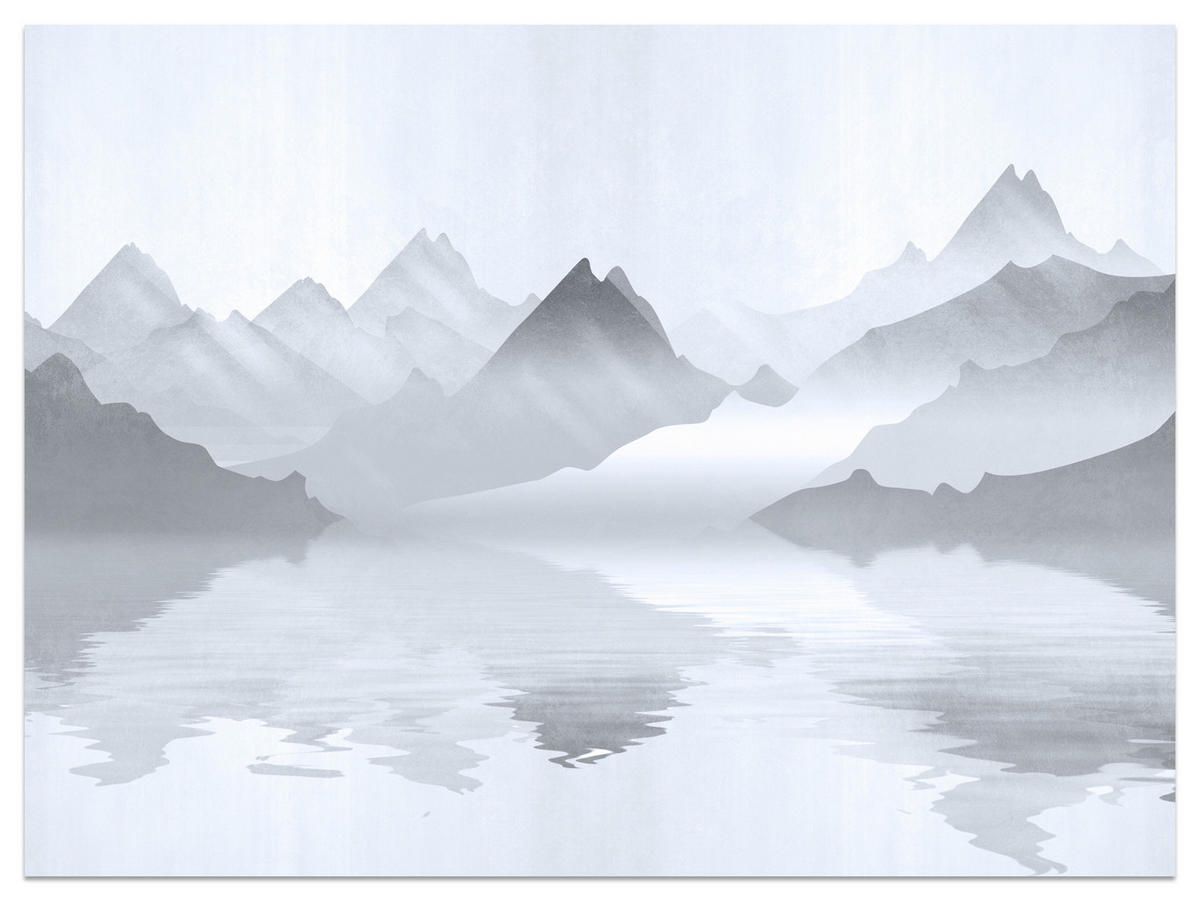 FOTOTAPETE für Wohnzimmer Aquarell Graue Berge See 400x280 - Weiß/Grau, Papier (400/280cm) - Muralo