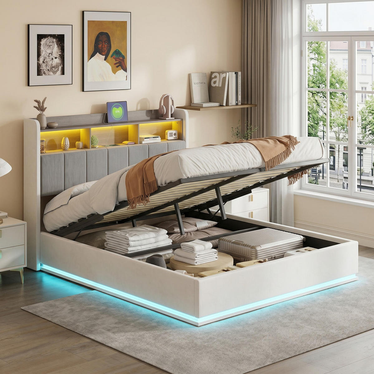 ČALÚNENÁ posteľ 140/200 cm béžová s úložným priestorom a RGB LED osvetlením - béžová, drevo - SHOPENTRA