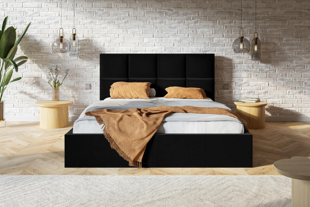 BETT 140x200 - Polsterbett mit Bettkasten und Metallrahmen - Modern Betten - Weicher Jasminstoff - Kollektion Roma, Schwarz - Schwarz, Holz/Textil (140/200cm) - Alpi-Möbel