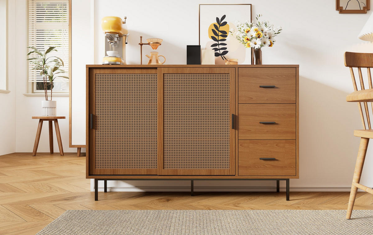 SIDEBOARD mit 2 Schiebetüren aus Rattan und 3 Schubladen, Natur, Spanplatte, 140/37/91 cm, Natur - Naturfarben, Holzwerkstoff (140/91/37cm) - Redom