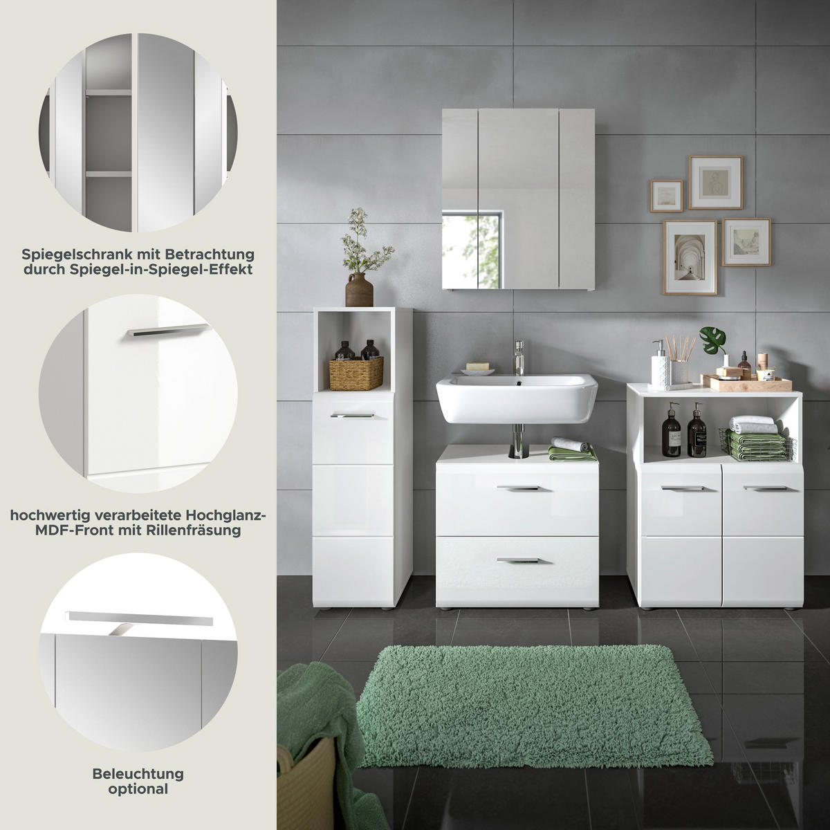 BADKOMBINATION Ice 180x185x30 cm weiß Hochglanz MDF 4tlg. - Weiß, Holz (180/185/30cm)