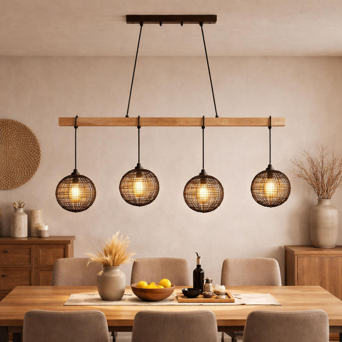 LED HÄNGELEUCHTE Metall Schwarz Holz 4 Flammig - Schwarz, Holz (100/20/140cm) - Globo Lighting