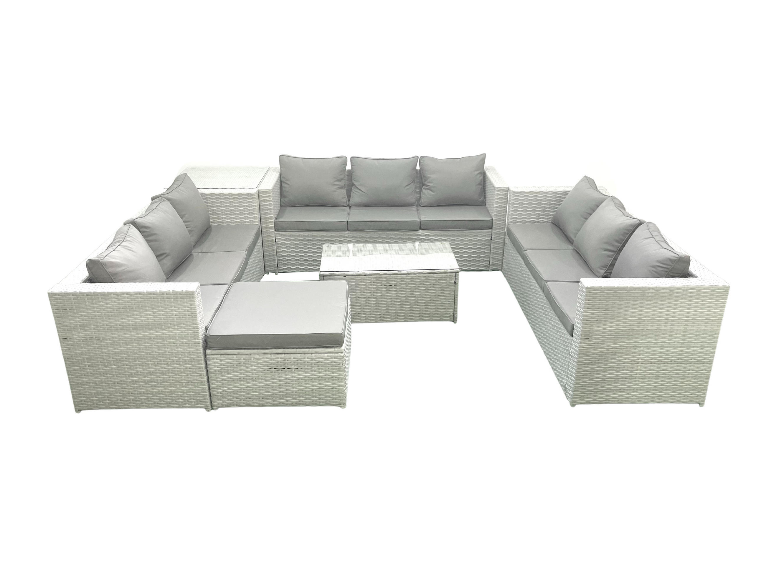 GARTENSET mit 3-SITZER SOFA,COUCHTISCH Polyrattan Hellgrau-Mix 10-Sitzer - Hellgrau/Grau, Glas/Kunststoff - Fimous