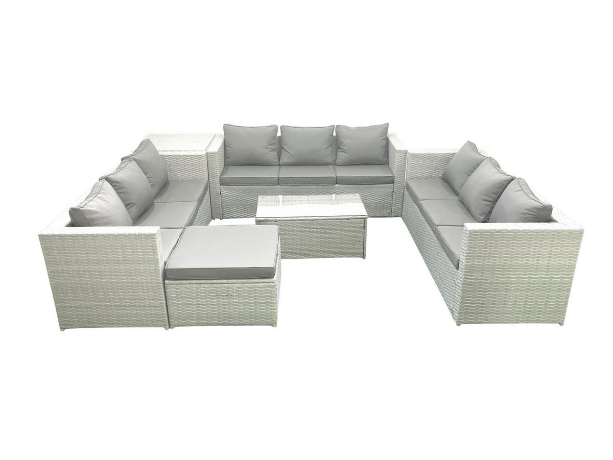 GARTENSET mit 3-SITZER SOFA,COUCHTISCH Polyrattan Hellgrau-Mix 10-Sitzer - Hellgrau/Grau, Glas/Kunststoff - Fimous