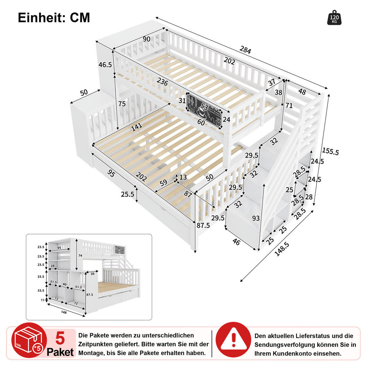 ETAGENBETT 90/200 cm & 140/200 cm in Weiß mit Treppe, Schubladen und Tafelfläche - Weiß, Holz (140/200cm) - CHICFURN