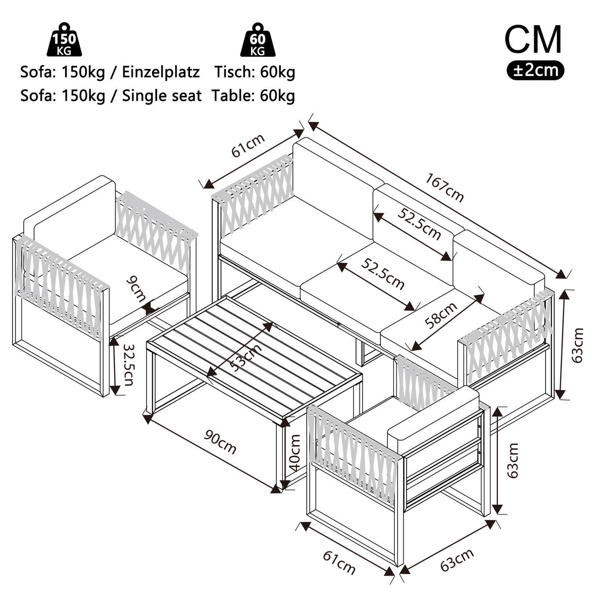 GARTENSET 10-Sitzer Grau Mit Verstellbaren Füßen & Metallgestell - Grau, Metall - FLIEKS