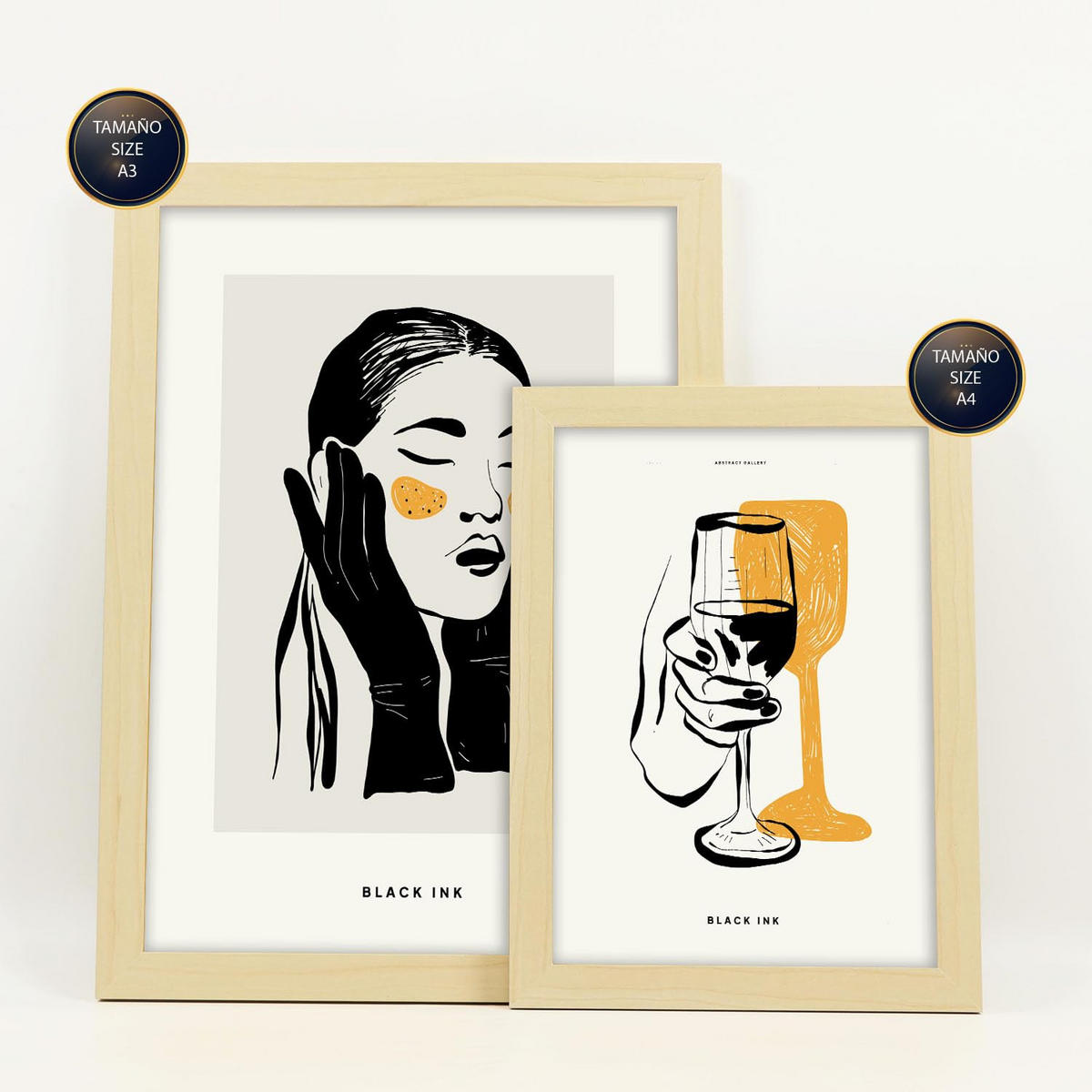 POSTER Set Mit 6 In Schwarzer Tinte Anspruchsvoll Künstlerische Und Abstrakte Drucke Für Innenarchitektur A3 & A4 Rahmen Aus Hellem Holz - Beige, Papier (29/3cm) - Nacnic