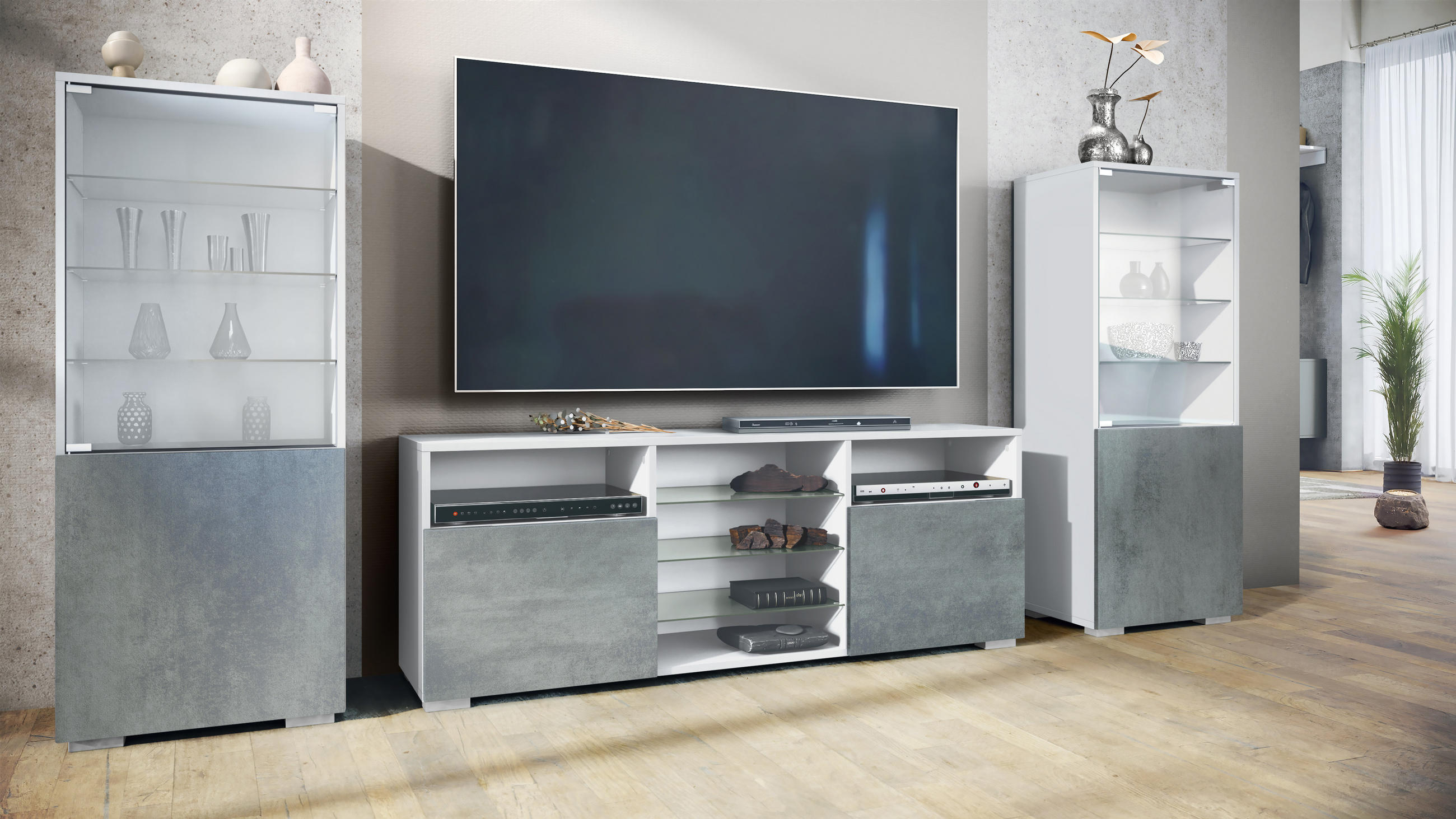 WOHNWAND Granada Beton Dunkel Optik - Dunkelgrau, Holzwerkstoff (286/122.5/35cm) - Vladon