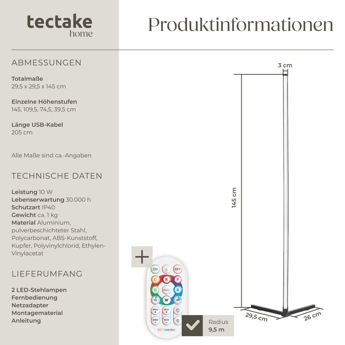 LED-STEHLAMPE Spectra,Innovativer Musik-Aktivierungsmodus,schwarz/weiß - Schwarz/Weiß, Metall (29.5/29.5/145cm) - tectake