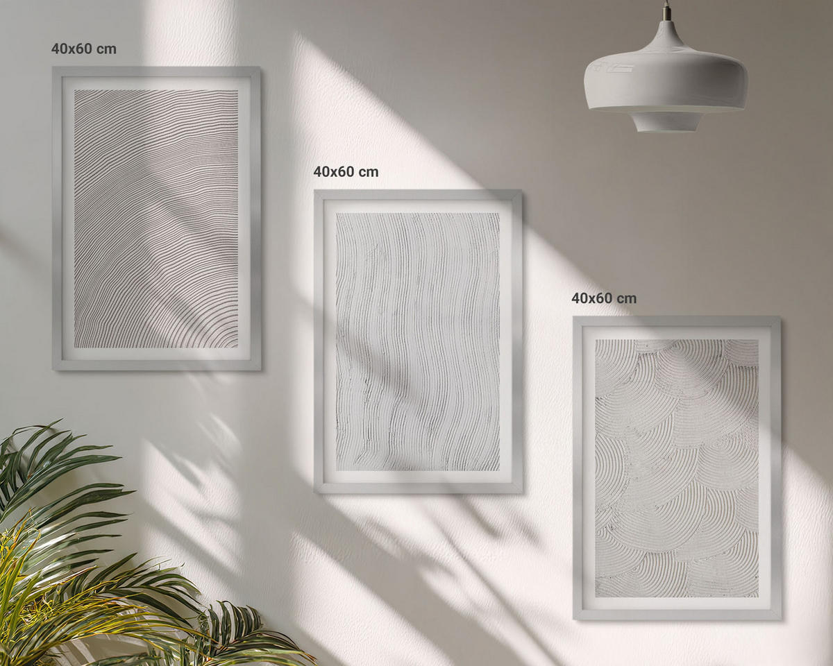 BILDER SET 3er Set - 40x60 cm Silberner Rahmen - Sandmuster geometrische Strukturen - Silberfarben, Kunststoff (40/60cm) - TULUP