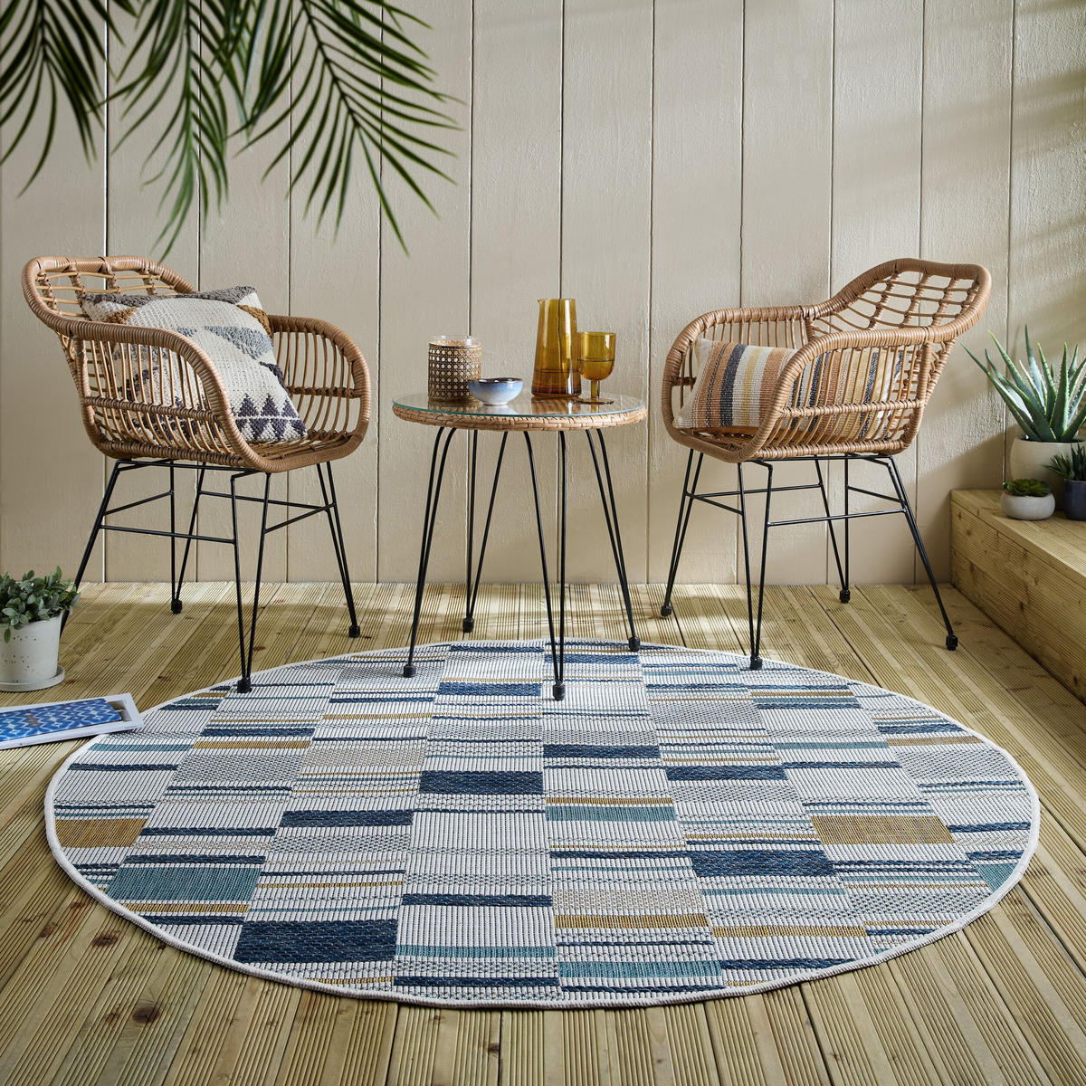 TEPPICH Outdoor Geometrische Muster, Terrasse schmutzabweisend Blau-Gelb Rund 160x160 - Blau, Textil (160/160cm) - KADIMA DESIGN