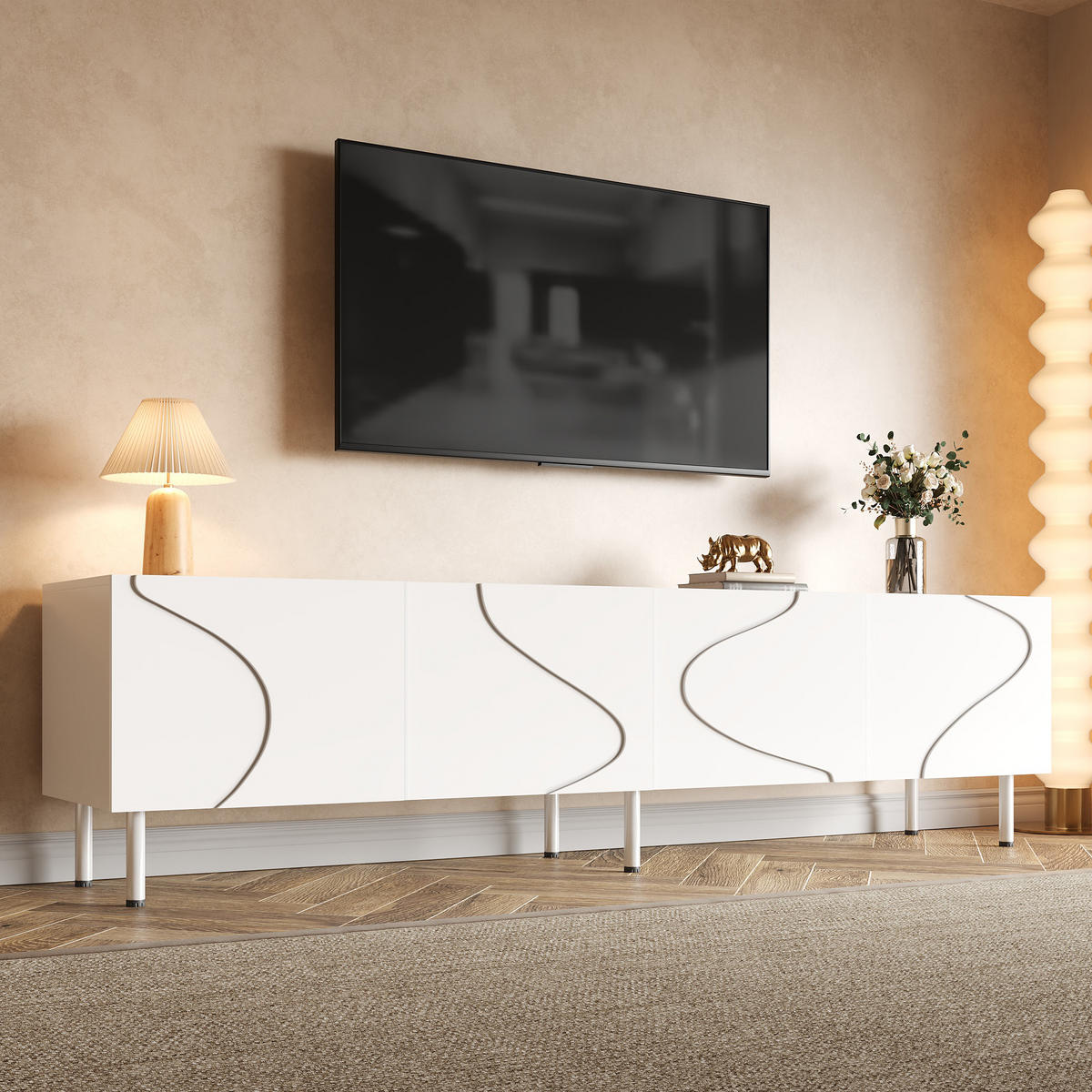 TV-SCHRANK Lowboard 4 Türen Push-to-Open Metallfüße modern - Weiß, Holzwerkstoff (35/50/170cm) - FLIEKS