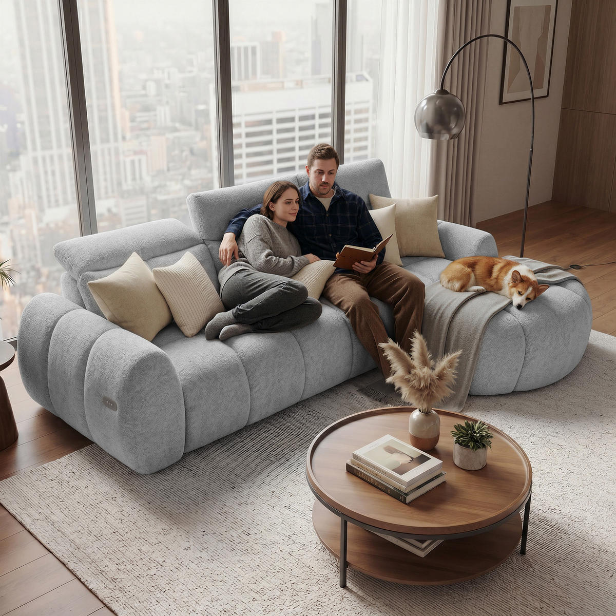 ECKSOFA Sorel Mini mit Automatisch verstellbarer Sitztiefe und Kopfstützen, rechts, Hellgrau - Hellgrau, Textil (275/190cm) - Beautysofa