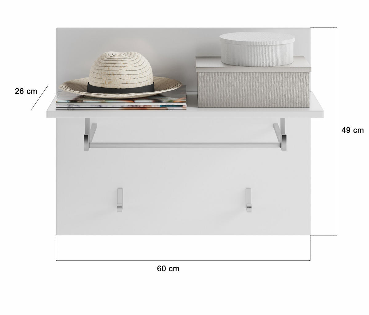 GARDEROBENPANEEL weiß Hochglanz 60 cm, Wandgarderobe mit Kleiderhaken - Weiß, Holzwerkstoff/Metall (60/49/26cm) - Inn.Furn