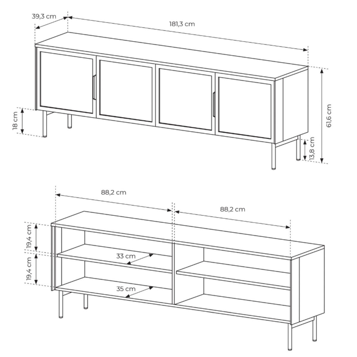 TV-LOWBOARD Lumi mit Glasfronten Eiche Dunin 181 cm - Dunkelbraun/Schwarz, Holzwerkstoff/Metall (181.3/39.3/39.3cm) - Selsey