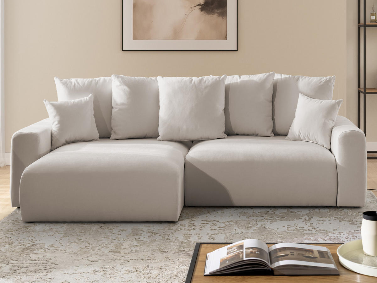 ECKSOFA Calma mit Schlaffunktion und Bettkasten im Bumpy-Design aus weichem Beige Webstoff - Ottomane links - Beige/Schwarz, Holz/Kunststoff (239/140cm) - S-Style