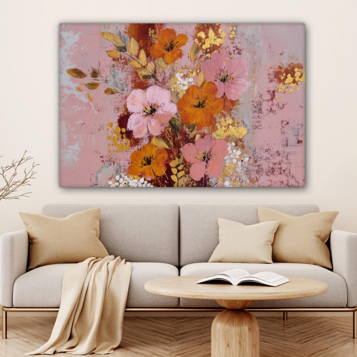 LEINWANDBILD Malerei - Blumen - Rustikal - Rosa Groß 140x90 cm - Altrosa, Textil (140/90cm) - MuchoWow