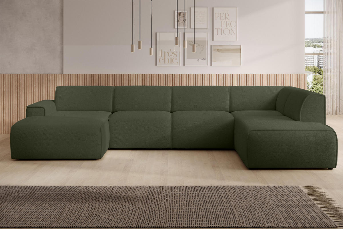 WOHNLANDSCHAFT Didim Grün 378/220/78 cm – großes Sofa stilvoll & bequem R - Schwarz/Grün, Kunststoff/Textil (378/78/220cm) - AX Living