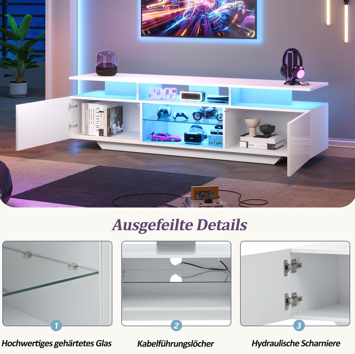 LOWBOARD 160/40/45 cm aus MDF mit LED-Beleuchtung und Hochglanzfront Weiß - Weiß, Holzwerkstoff (160/45/40cm) - Modenvie