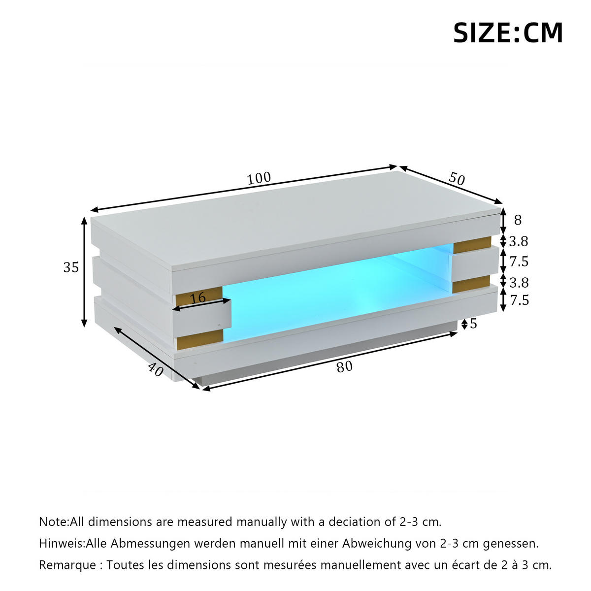 COUCHTISCH 100/50/35 cm weiß aus Spanplatte mit LED-Beleuchtung und offenem Stauraum - Weiß, Holzwerkstoff (100/50/35cm) - OKWISH