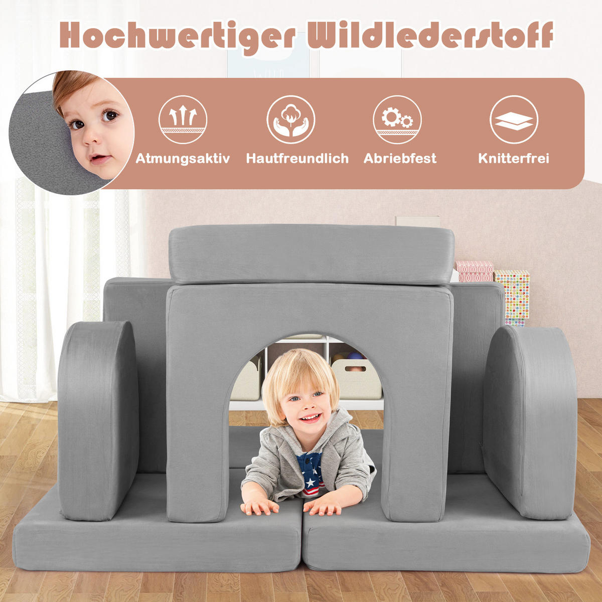KINDERSOFA 60cm Grau - Grau, Textil (72/60/142cm) - COSTWAY