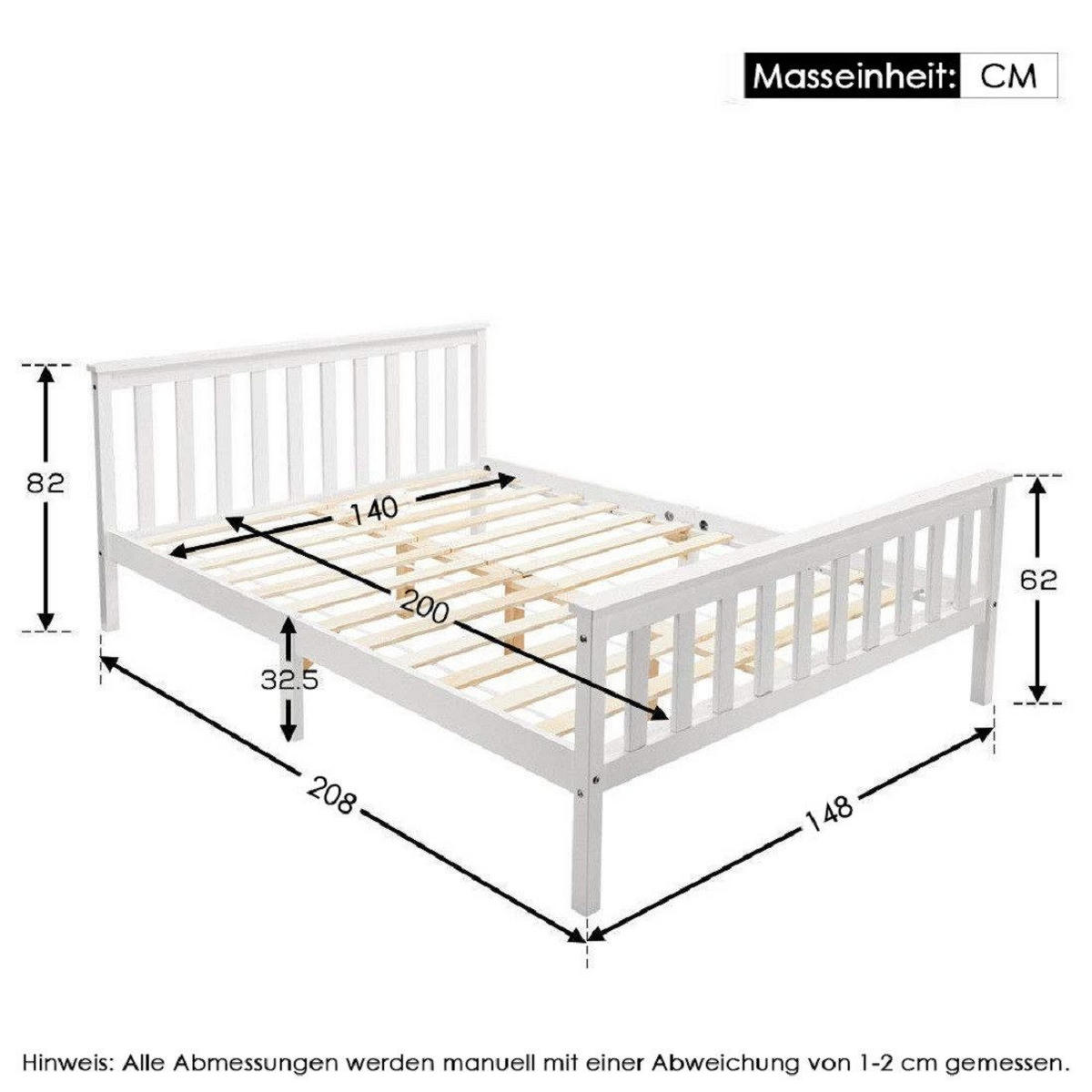 MASSIVHOLZBETT mit Lattenrost Kopfteil Doppelbett 140*200cm - Weiß, Holzwerkstoff (140/200cm)