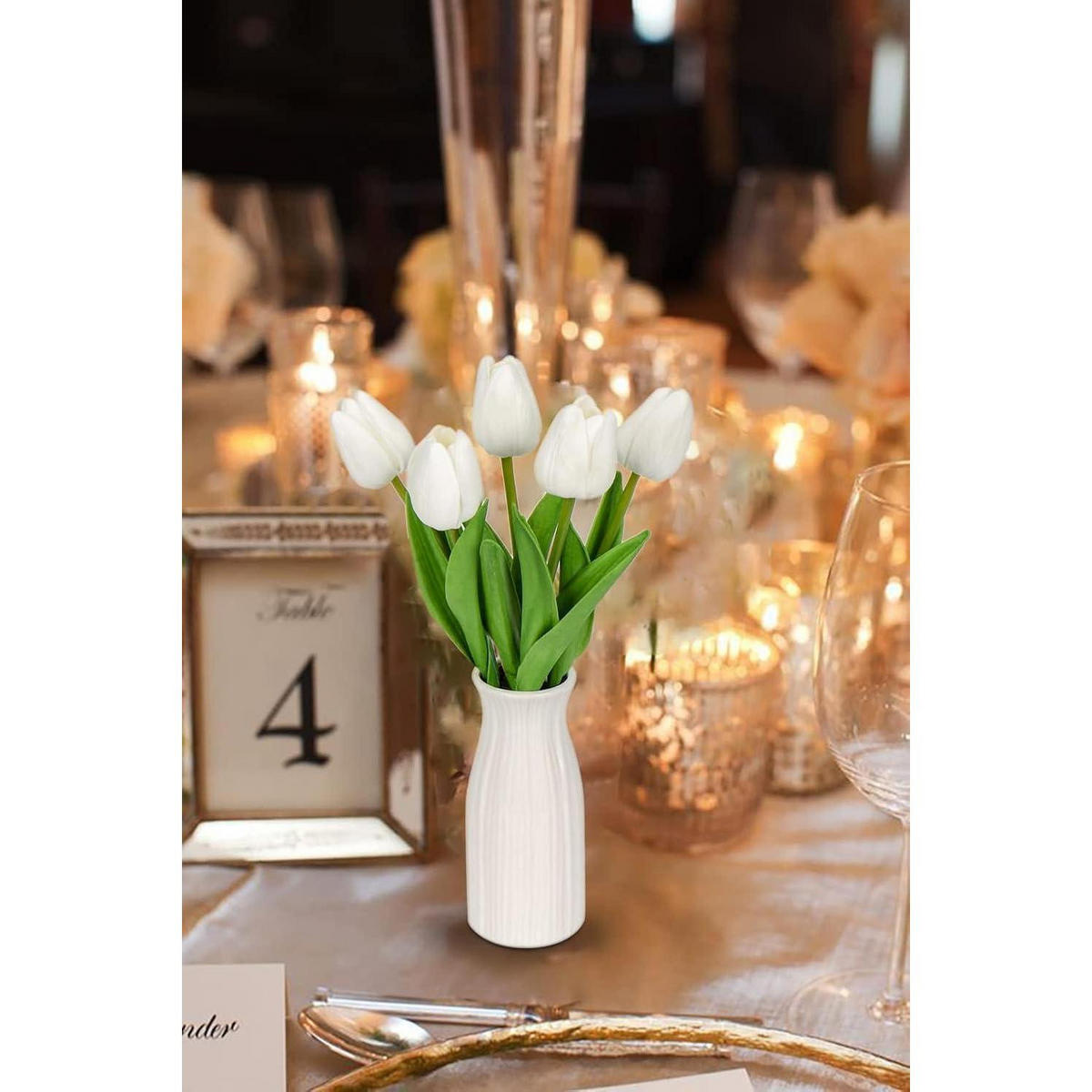 KUNSTBLUMEN Tulpenbund mit Vase Weiß 30 cm - Weiß, Keramik (27cm)