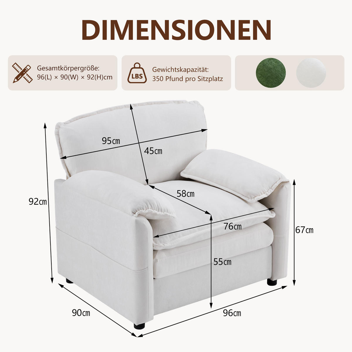 SOFA Chenille Dunkelgrün mit Seitentaschen - Weiß, Holzwerkstoff/Textil (96/90/92cm) - WISHDOR