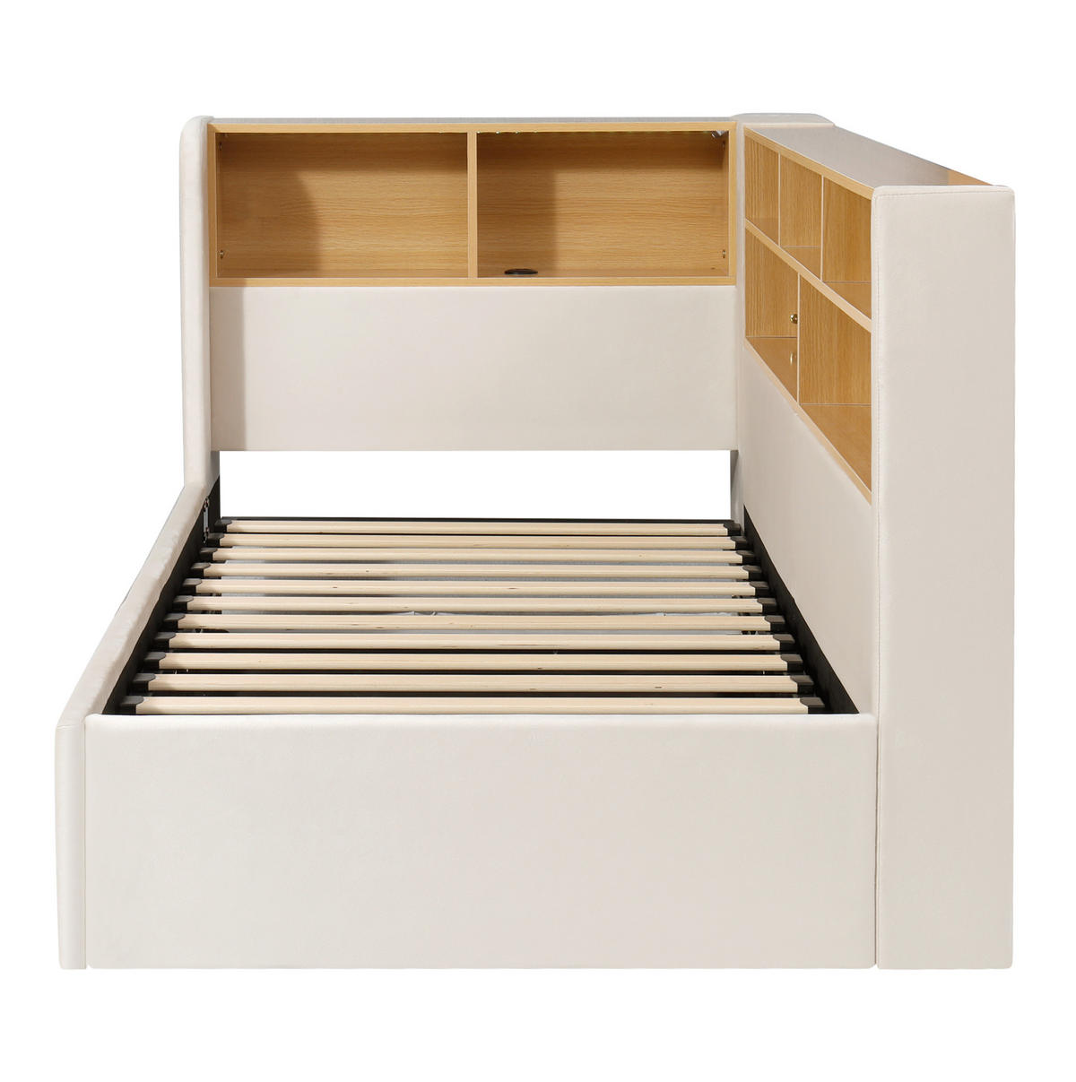 TAGESBETT 90/200 cm mit hydraulischem Stauraum, LED-Beleuchtung, USB- und Type-C-Anschluss, Samt, Beige - Beige, Textil (90/200cm) - Redom