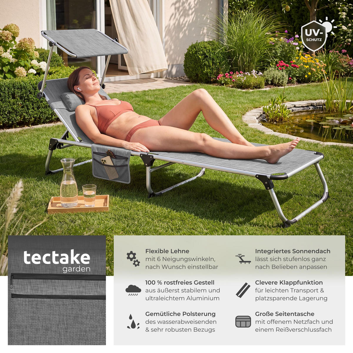 SONNENLIEGE aus Aluminium Lorella, 200 x 60,5 x 34 cm, mit Seitentasche, grau-meliert - Grau, Kunststoff (60.5/115/200cm) - tectake