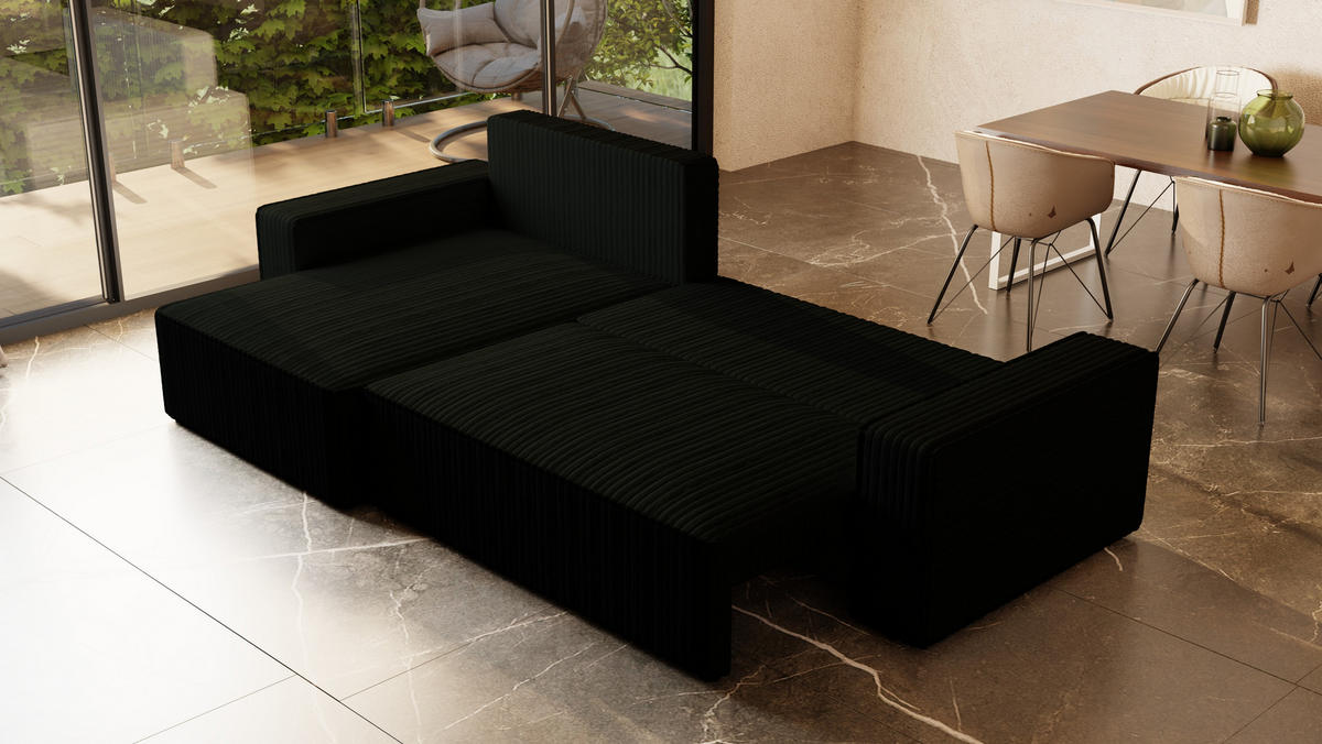 ECKSOFA Tobi mit Bettkasten und Schlaffunktion, L-Form/XL-Form, Cordstoff, Universal - Schwarz, Holzwerkstoff (276/145cm) - 4ALL HOME