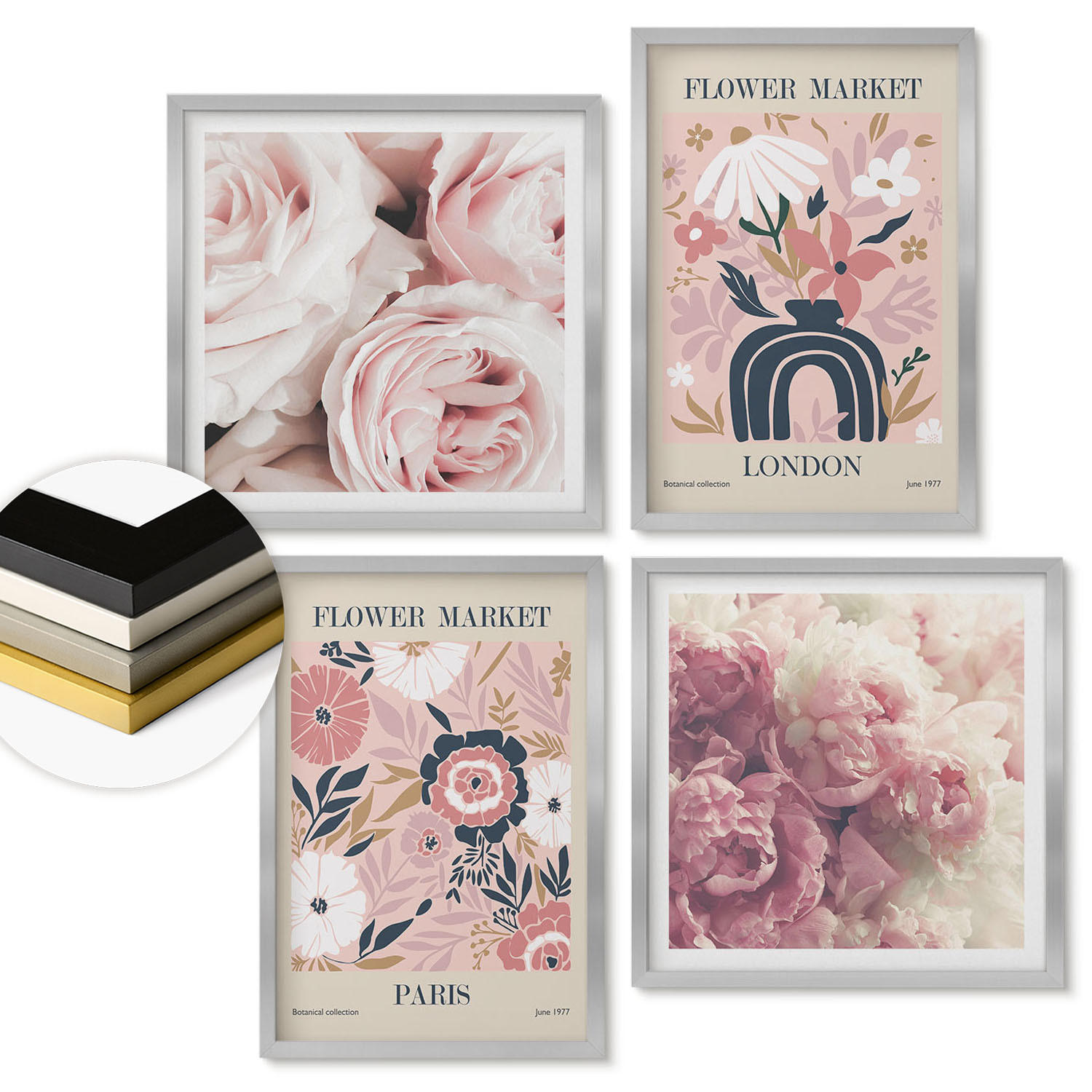WANDBILDER 4er Set - 50x50 cm & 40x60 cm Silberner Rahmen - Blumenmotive Rosen Paris - Silberfarben, Kunststoff (50/50cm) - ArtPrintCave
