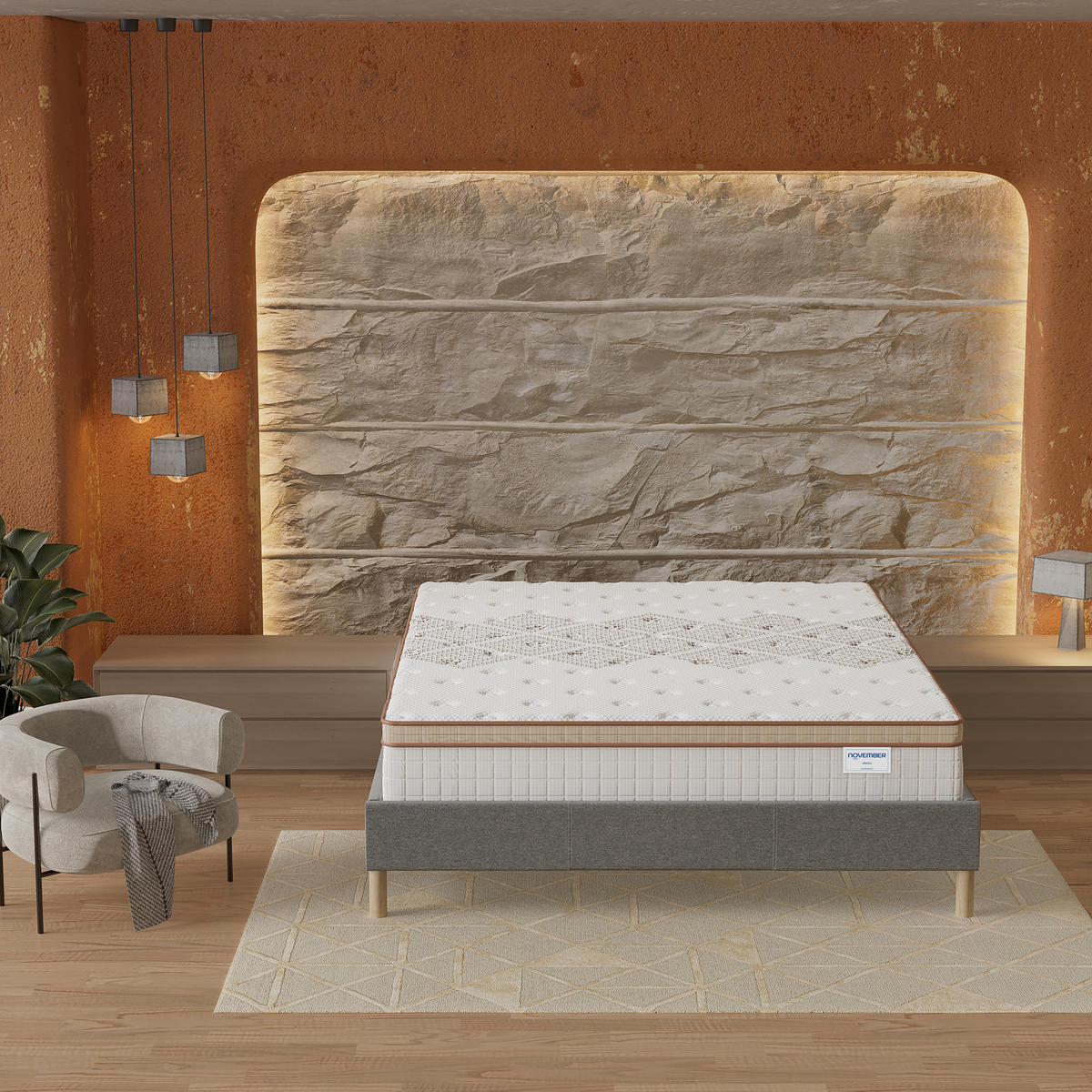 BETT und MATRATZE - 180 x 200 cm - Taschenfederkern - 28cm dick - Grau, Naturmaterialien/Eichenholz (180/200cm) - November Sleep