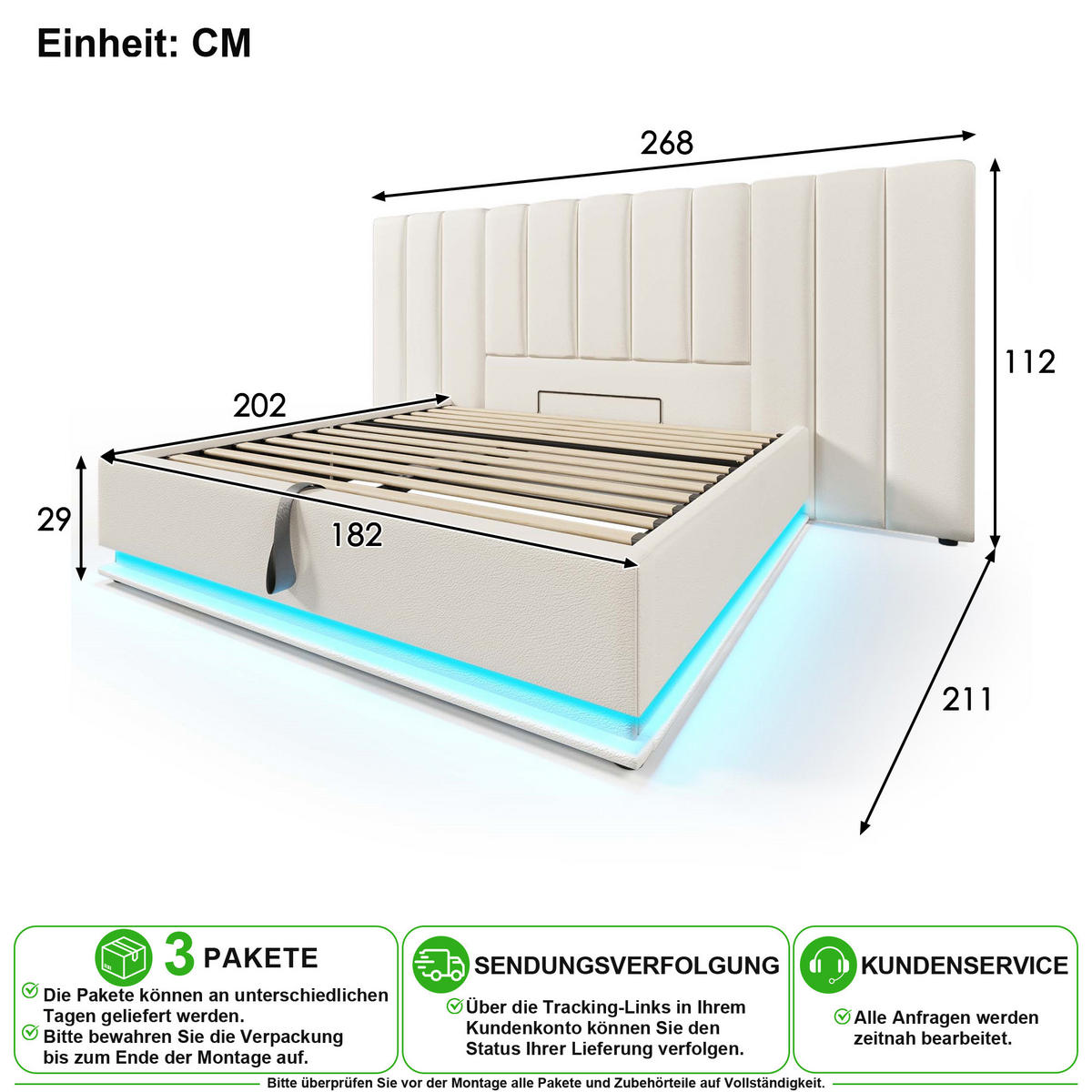 POLSTERBETT 180/200 cm in Weiß mit Bettkasten, LED und USB/Type-C - Weiß, Holzwerkstoff/Textil (180/200cm) - CHICFURN