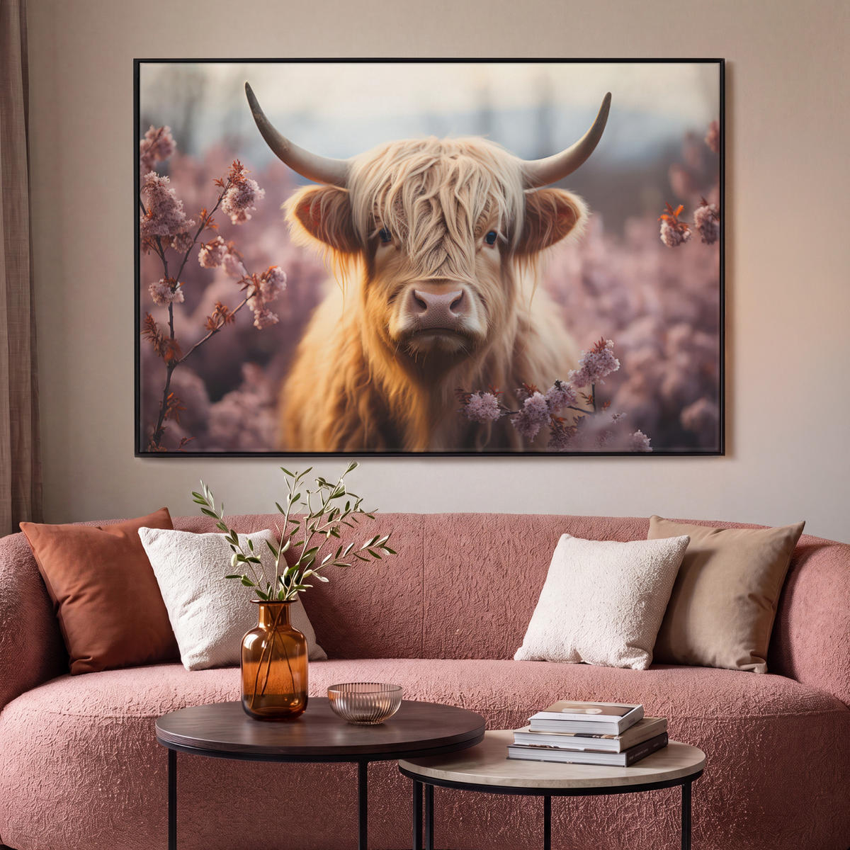 LEINWAND Bilder mit Rahmen - Schottischer Hochländer - Frühling - Hochland - 140x90 - Hellrosa, Textil (140/90cm) - MuchoWow